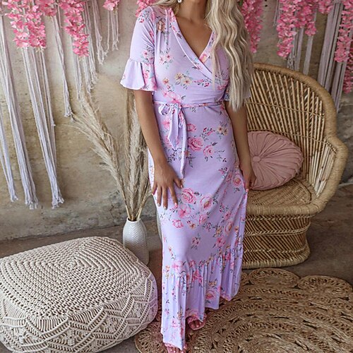 

Women's Sheath Dress Maxi long Dress Purple Short Sleeve Floral Ruched Print Spring Summer V Neck Stylish Modern 2022 S M L XL XXL
