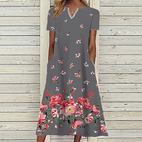 

Women's A Line Dress Midi Dress White Gray Purple Light gray Navy Blue Short Sleeve Floral Pocket Print Spring Summer V Neck Casual Vacation 2022 S M L XL XXL 3XL