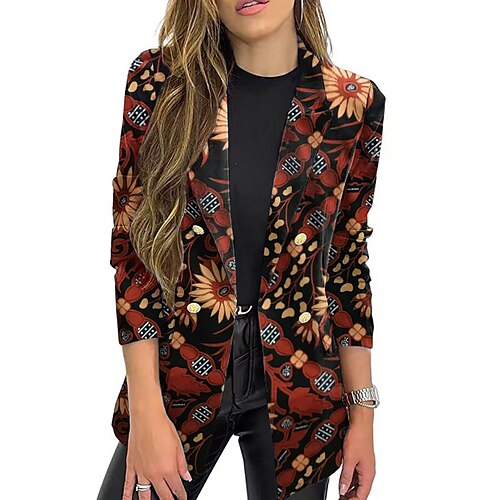 

Women's Blazer Street Daily Going out Fall Winter Regular Coat Regular Fit Windproof Warm Streetwear Casual Jacket Long Sleeve Floral Pocket Print Green Blue Purple