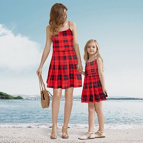 

Mommy and Me Dresses Plaid Daily Red Sleeveless Above Knee Strap Dress Active Matching Outfits