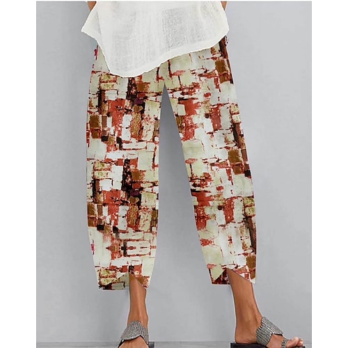 

Women's Chinos Pants Trousers Faux Linen Red Mid Waist Casual / Sporty Athleisure Casual Weekend Print Micro-elastic Ankle-Length Comfort Tie Dye S M L XL XXL / Loose Fit