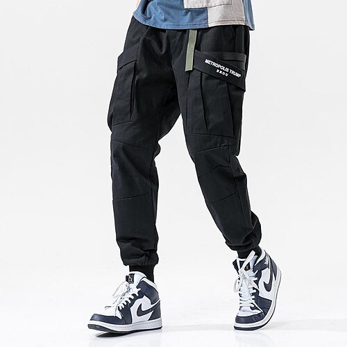 

Men's Cargo Pants Joggers Trousers Jogging Pants Drawstring Elastic Waist Multi Pocket Solid Color Full Length Daily Wear Cotton Blend Streetwear Hip Hop Green Black