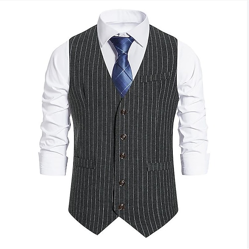 

Men's Vest Gilet Breathable Business Daily Single Breasted V Neck Business 1920s Casual Jacket Outerwear Plaid / Check Pocket Dark Grey