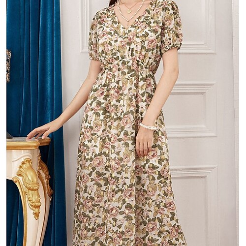 

Women's A Line Dress Maxi long Dress White Short Sleeve Floral Chiffon Patchwork Spring Summer V Neck Elegant Fashion Modern Puff Sleeve 2022 S M L XL