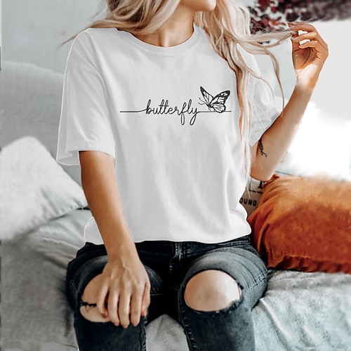 

Women's T shirt Tee Green Pink Yellow Butterfly Text Print Short Sleeve Casual Weekend Basic Round Neck Regular Cotton Butterfly Painting S