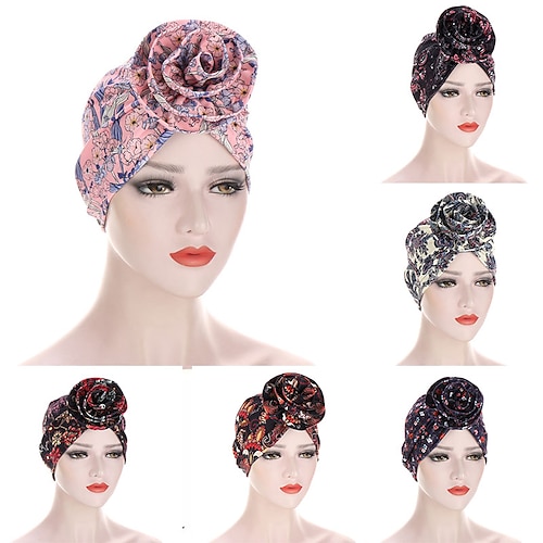 

6 Colors Women Muslim Flower Turban Hat African Print Stretch Bandana Head Wrap Long Scarf Female Party Headwear Cap Hair Accessories