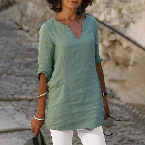 

Chemise Chemisier Femme Vert Plein manche longue du quotidien Fin de semaine Vêtement de rue Décontractées Col V Longue Standard S