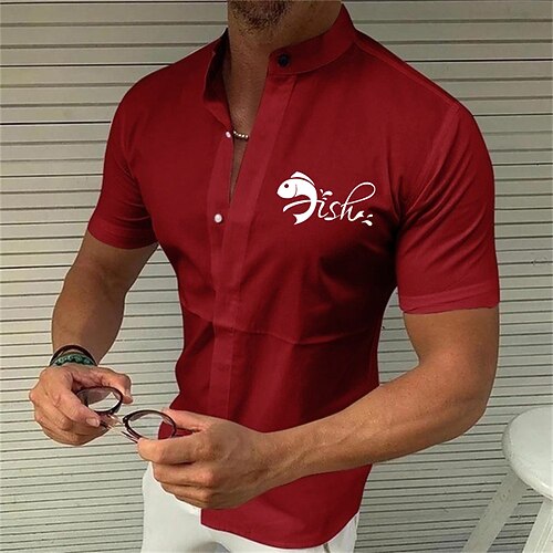 

Men's Shirt Solid Color Fish Letter Standing Collar Street Casual Button-Down Print Half Sleeve Tops Designer Casual Fashion Breathable A B White / Summer