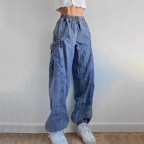 

Women's Joggers Cargo Pants Pants Trousers Trousers Denim Blue Mid Waist Fashion Casual Weekend Side Pockets Baggy Micro-elastic Full Length Comfort Plain S M L