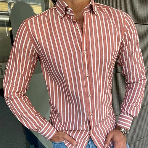 

Men's Dress Shirt Striped Turndown Orange Wedding Work Long Sleeve Button-Down Clothing Apparel Fashion Business Comfortable Smart Casual