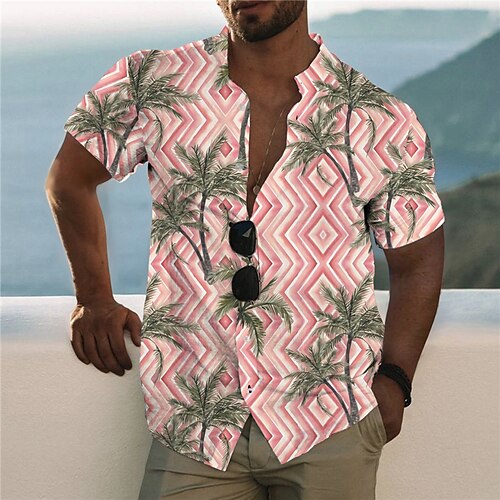 

Men's Shirt 3D Print Geometry Coconut Tree Stand Collar Casual Daily Button-Down Print Short Sleeve Tops Designer Casual Fashion Comfortable Pink / Sports