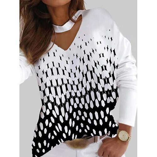

Women's T shirt Tee Geometric Daily Geometric T shirt Tee Long Sleeve Print V Neck Basic Essential White S