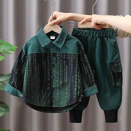 

Kids Boys Shirt Pants Clothing Set 2 Pieces Long Sleeve Green Black Letter Patchwork Print Casual Daily 3-10 Years