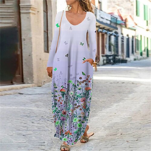 

Women's Shift Dress Maxi long Dress Blue Gray Purple Pink Yellow Long Sleeve Floral Butterfly Animal Pocket Print Fall Spring V Neck Casual 2022 XS S M L XL XXL 3XL 4XL 5XL 6XL
