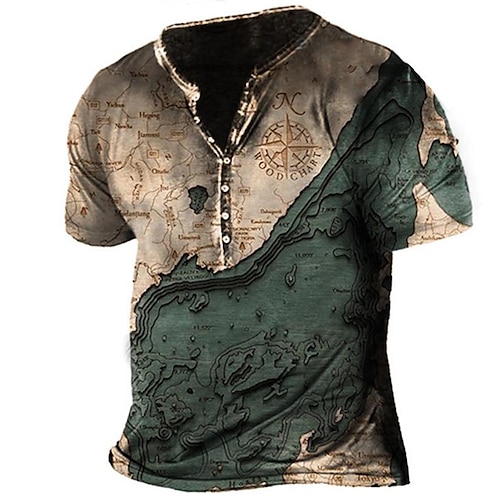 

Men's T shirt Tee Henley Shirt Tee Graphic Map Henley Dark Green 3D Print Plus Size Outdoor Daily Short Sleeve Button-Down Print Clothing Apparel Basic Designer Casual Big and Tall / Summer / Summer