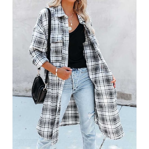 

Women's Coat Long Stylish Coat Gray Active Street Fall Single Breasted Turndown Regular Fit S M L XL