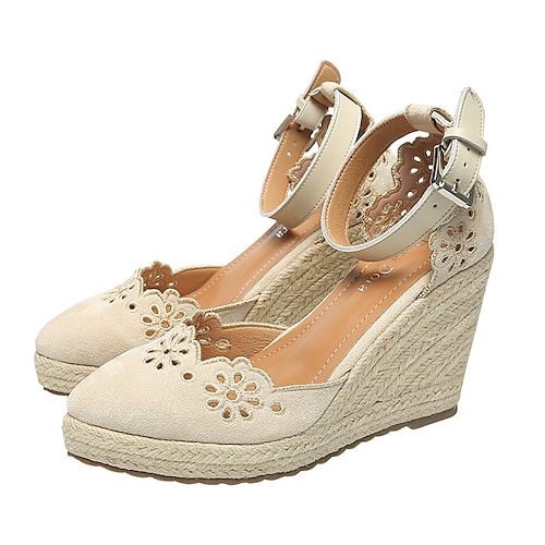 

Women's Heels Wedge Sandals Espadrilles Ankle Strap Heels Wedge Heel Closed Toe Elegant Casual Daily Office Faux Leather Buckle Spring Summer Solid Colored Almond Black