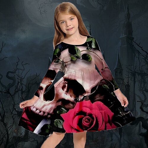 

Kids Little Girls' Dress Skull Rose A Line Dress Halloween Holiday Vacation Print Black Above Knee Long Sleeve Gothic Vintage Punk Dresses Halloween Fall Spring Regular Fit 3-10 Years