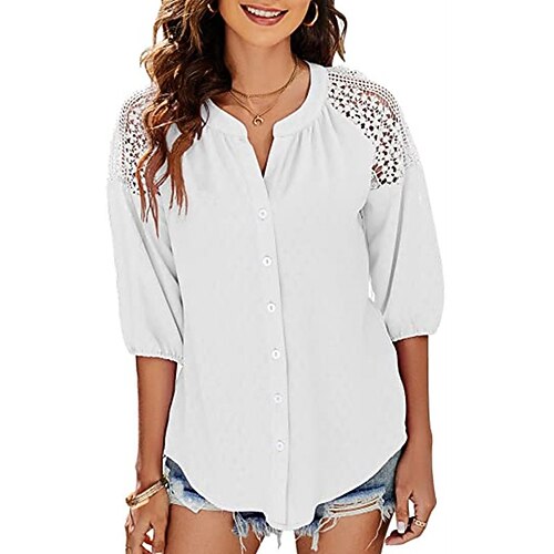 

Women's Blouse Plain Daily Weekend Blouse Shirt 3/4 Length Sleeve Cut Out Lace Button V Neck Casual Streetwear Green White Black S
