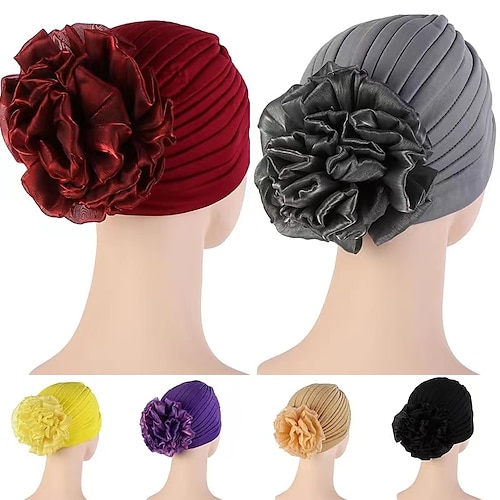 

Female Stylish Indian Big Flower Solid Color Turban Hat Comfortable Women Muslim Pullover Hat African Head Wrap Hijab Cap Headwear