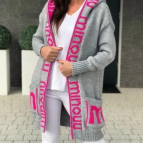 

Women's Cardigan Sweater Jumper Knit Tunic Pocket Knitted Letter Hooded Casual Soft Home Daily Winter Fall Light Brown Fuchsia S M L / Long Sleeve / Holiday / Regular Fit