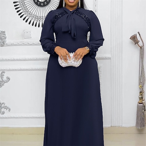 

Women's Plus Size Work Dress Solid Color V Neck Bow Long Sleeve Fall Winter Work Maxi long Dress Daily Vacation Dress