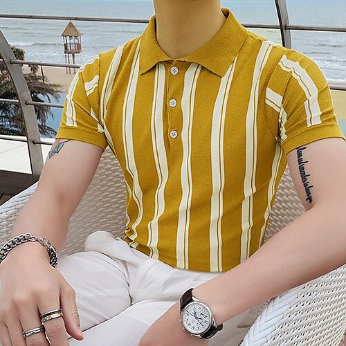

Men's Collar Polo Shirt Knit Polo Sweater Geometry Turndown Light Yellow Print Daily Holiday Short Sleeve Button-Down Clothing Apparel Fashion Chunky Comfortable Gentleman / Beach