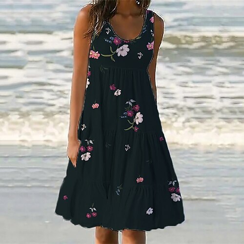 

Women's Shift Dress Knee Length Dress Black Sleeveless Floral Pocket Print Spring Summer U Neck Casual Vacation 2022 S M L XL XXL 3XL