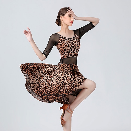 

Latin Dance Dress Leopard Print Solid Splicing Women's Training Performance Half Sleeve High Spandex