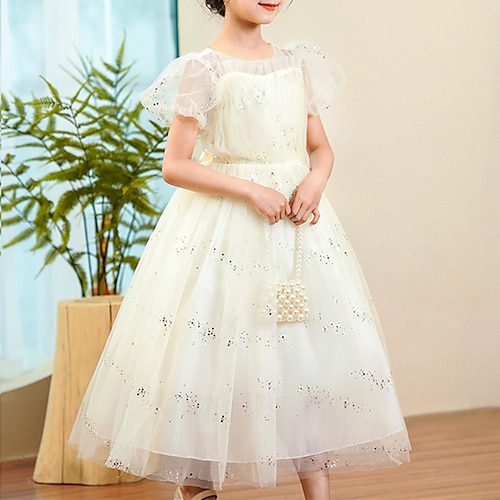 

Party Event / Party Princess Flower Girl Dresses Jewel Neck Ankle Length Tulle Spring Summer with Bow(s) Paillette Cute Girls' Party Dress Fit 3-16 Years