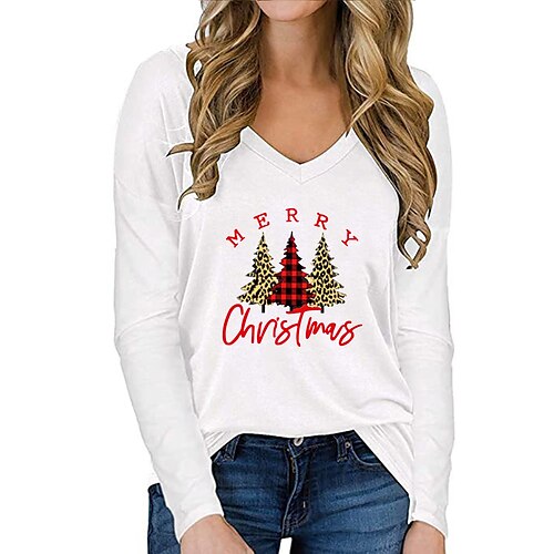 

Women's Blouse Christmas Tree Christmas Casual Daily Blouse Shirt Long Sleeve Patchwork V Neck Casual White Black Blue S