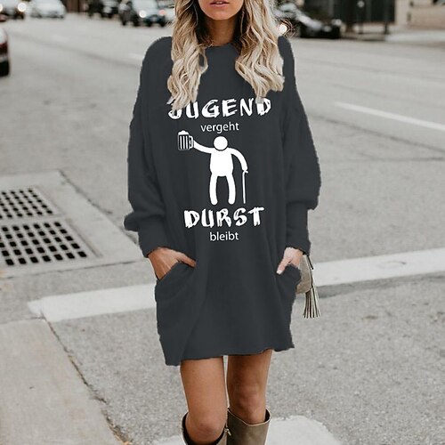 

Women's Shift Dress Short Mini Dress Dark Gray Long Sleeve Fall Print Letter Pocket Print Fall Winter Hooded Casual 2022 S M L XL XXL 3XL