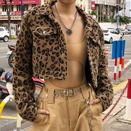 

Women's Casual Jacket Outdoor Street Daily Fall Winter Short Coat Regular Fit Windproof Warm Streetwear Casual Sexy Jacket Long Sleeve Leopard Pocket Stylish Brown / Print
