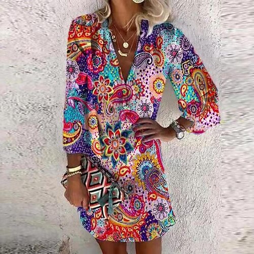 

Women's Casual Dress Shift Dress Floral Dress Blue Red Long Sleeve Floral Print Fall Spring Autumn V Neck Winter Dress Weekend Fall Dress Loose Fit 2022 S M L XL XXL