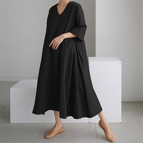 

Women's Swing Dress Midi Dress Black Long Sleeve Pure Color Ruched Spring Summer V Neck Casual 2022 S M L XL XXL 3XL