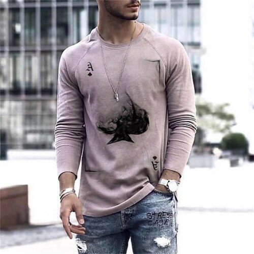 

Men's T shirt Tee 3D Print Graphic Prints Poker Crew Neck Street Casual 3D Print Long Sleeve Tops Fashion Breathable Comfortable Big and Tall Light Brown / Summer / Spring / Summer