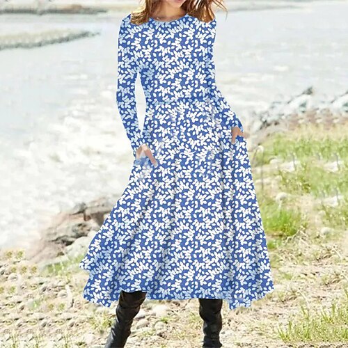 

Women's A Line Dress Midi Dress Blue Long Sleeve Floral Pocket Print Fall Spring Round Neck Casual Vacation 2022 S M L XL XXL 3XL