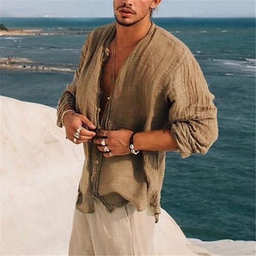 

Men's Shirt Solid Color Crew Neck Street Casual Button-Down Long Sleeve Tops Casual Fashion Comfortable Brown / Summer Shirts /Beach