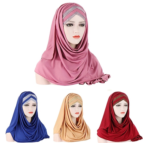 

Forehead Cross Hair Wrap Scarf Solid Color Glitter Sequins Jersey Hijabs Muslim Headband Women Turban Hair Cap Headscarf