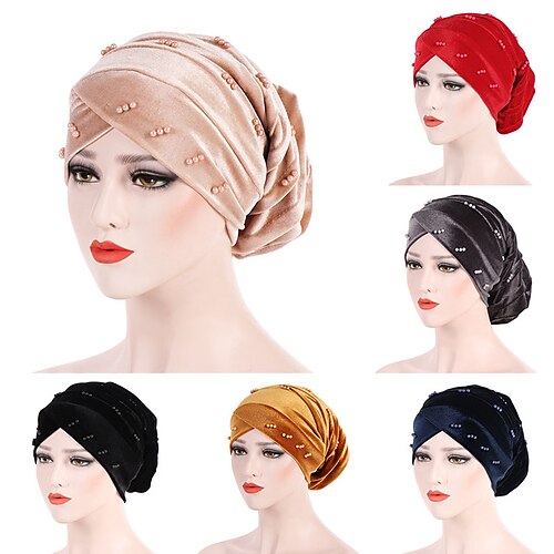 

hot solid muslim perle perler turban hodeskjerf kvinner wrap fløyel stretch baggy lue håravfall caps hår tilbehør