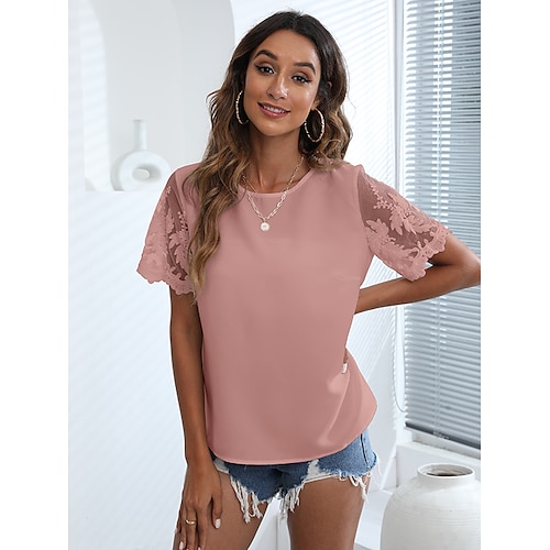 

Women's T shirt Tee Leaf Casual Floral T shirt Tee Short Sleeve Lace Round Neck Basic Essential White Black Pink S
