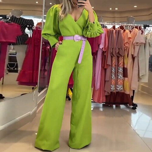 

Women's Jumpsuit High Waist Solid Color V Neck Elegant Party Street Regular Fit Long Sleeve Green S M L Spring