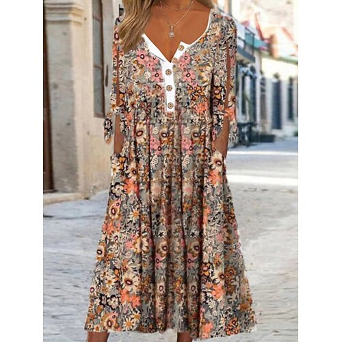 

Women's A Line Dress Midi Dress Light Brown Half Sleeve Floral Print Spring Summer Round Neck Casual Fashion Modern 2022 S M L XL XXL 3XL