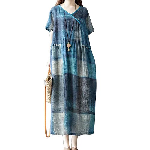 

Women's Shift Dress Midi Dress Blue Short Sleeve Plaid Print Spring Summer V Neck Casual Mature 2022 S M L XL XXL 3XL 4XL 5XL