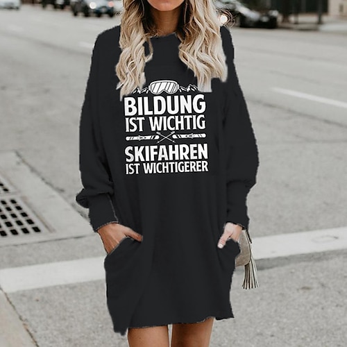 

Women's Shift Dress Short Mini Dress Black Long Sleeve Fall Letter Pocket Print Fall Winter Hooded Casual 2022 S M L XL XXL 3XL