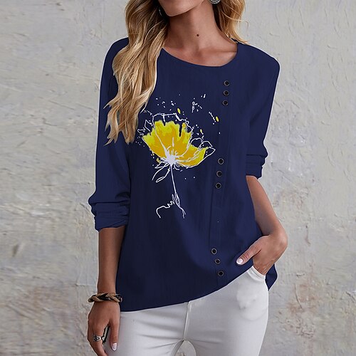

Mujer Camiseta Azul Marino Azul Piscina Beige Floral Botón Estampado Manga Larga Festivos Fin de semana Básico Escote Redondo Regular Flor Pintura S