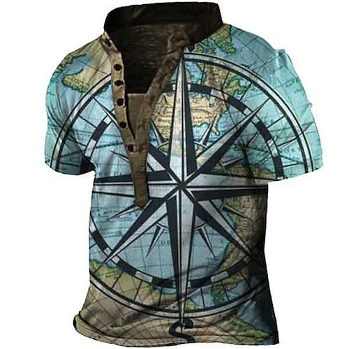 

Men's Henley Shirt Tee T shirt Tee 3D Print Graphic Patterned Compass Stand Collar Daily Sports Button-Down Print Short Sleeve Tops Basic Casual Classic Big and Tall Blue / Summer / Summer