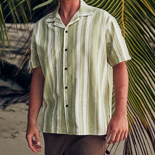 

Men's Shirt Striped Turndown Street Daily Button-Down Short Sleeve Tops Designer Casual Fashion Comfortable Green / White