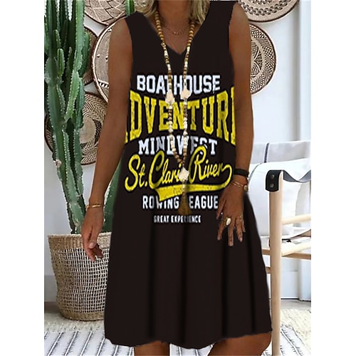 

Women's Shift Dress Short Mini Dress Black Sleeveless Letter Print Spring Summer V Neck Casual Vacation 2022 S M L XL XXL 3XL