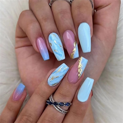 

24pcs Blue Smudged Medium and Long Fake Nails Gold Foil Fragments High-end Atmosphere 24 Pieces of Finished Manicure